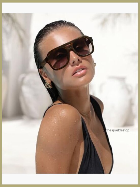Oversized Flat Top Sunglasses, Retro Chunky Aviator Style with Double Bridge main image 4